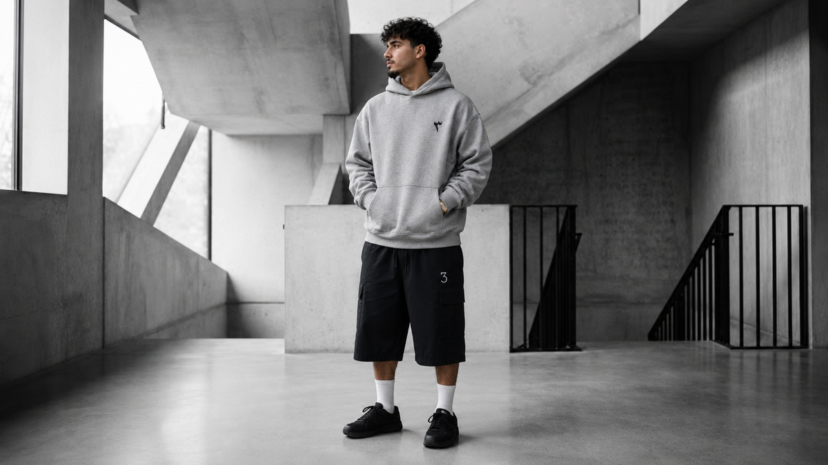 A man stands in a modern concrete architectural interior wearing a light gray pullover hoodie, black shorts, white socks, and black sneakers.