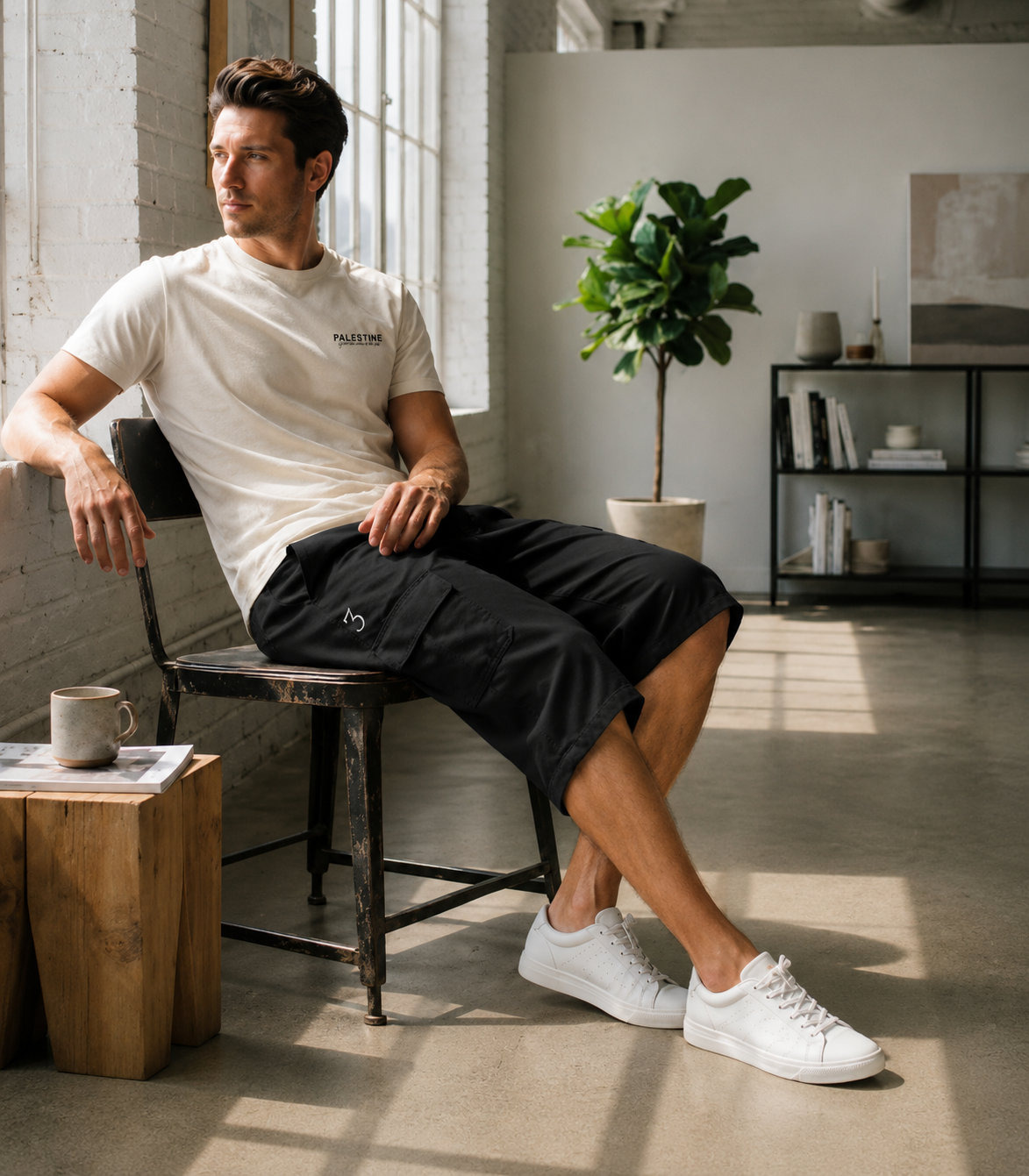 A man sits on a dark wooden chair in a bright, modern loft setting, wearing a white crew-neck t-shirt with a small black logo on the chest, black athletic shorts, and white sneakers.